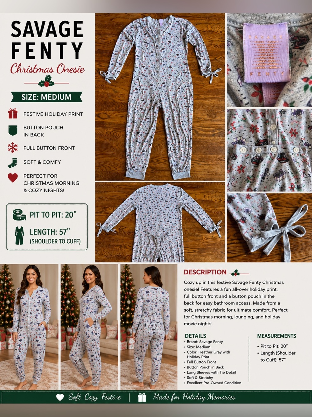 Savage X Fenty ChristmasHoliday Onesie Pajamas Medium Gray Button Back UnionSuit